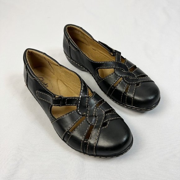 Clarks Shoes - Clarks Leather Twist Velcro Slip On Loafer Flats Shoes Black Size 9